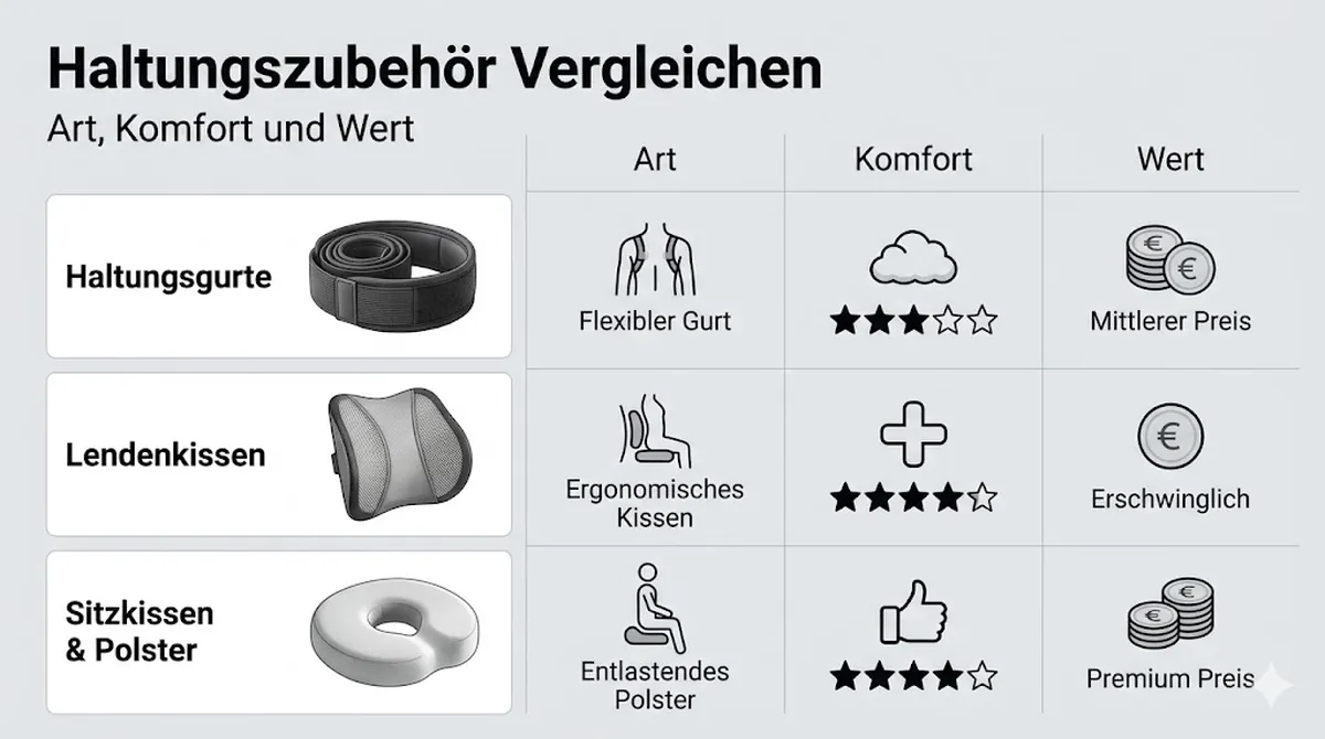 Vergleich von Zubehör zur Haltungsunterstützung nach Art, Komfort und Wert