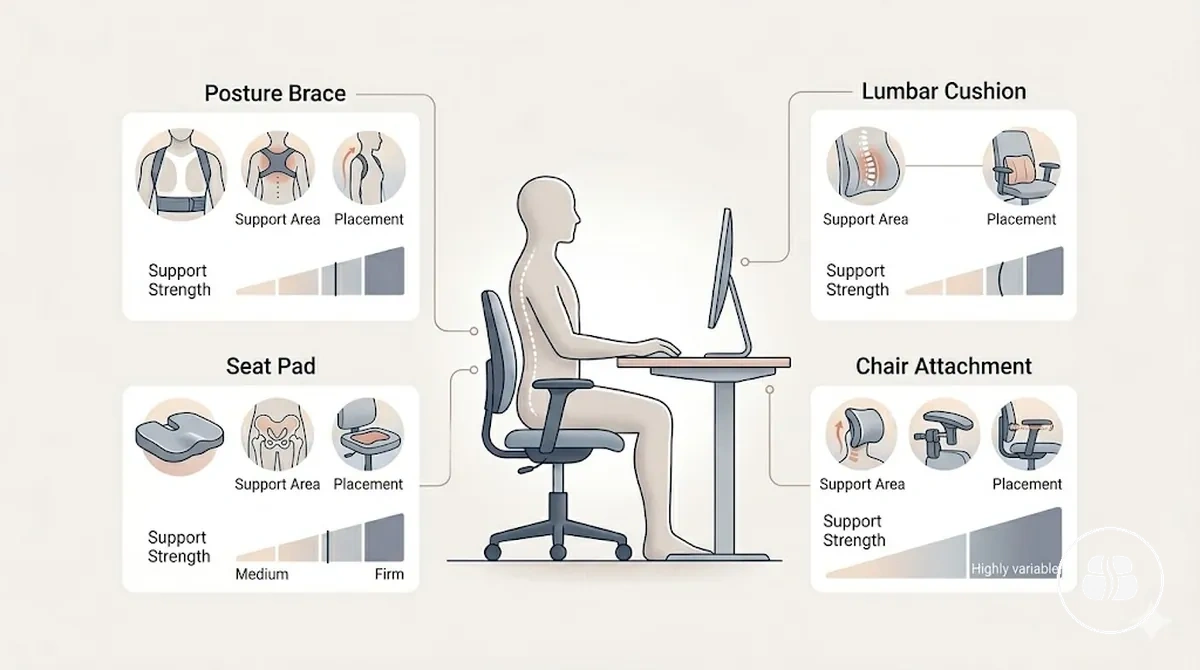 Posture braces, lumbar cushions, seat pads, and chair attachments compared
