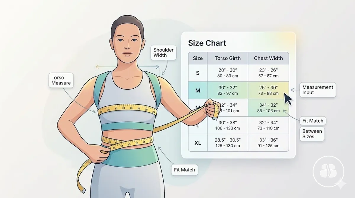 Measurement and size chart checks for posture support accessories selection