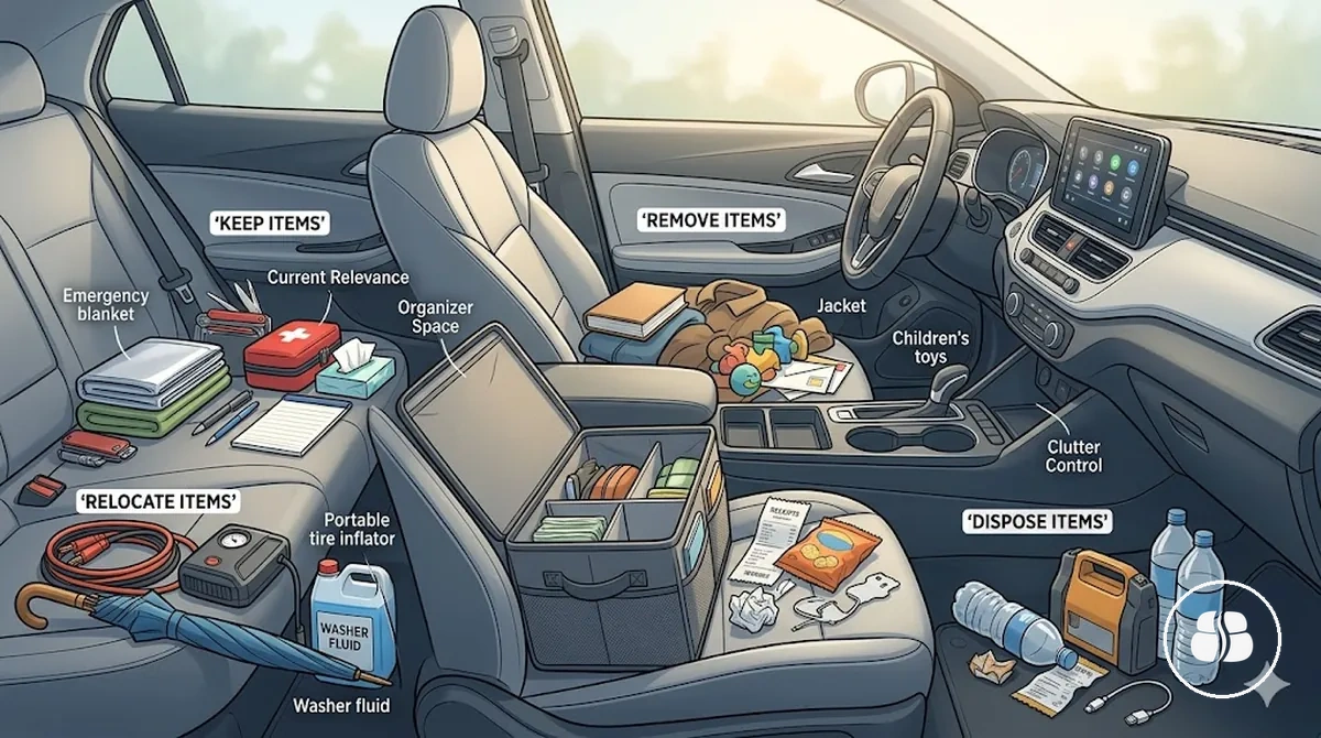 Car items sorted into keep remove relocate and dispose categories for organized storage