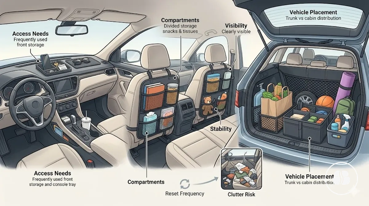 Car items sorted into groups before assigning organizer space in a vehicle setup