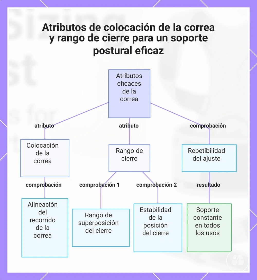 Atributos de colocación de la correa y rango de cierre para un soporte postural eficaz