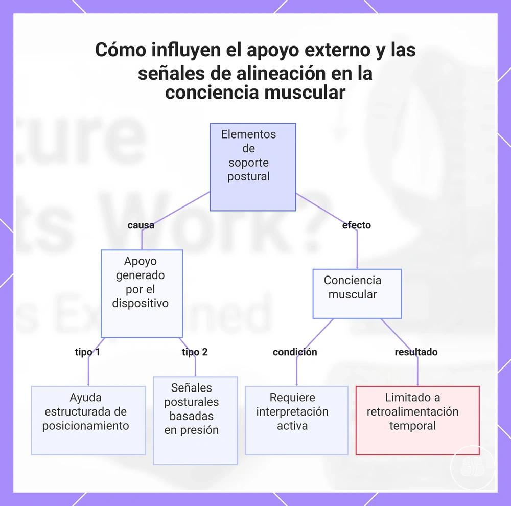 Cómo influyen el apoyo externo y las señales de alineación en la conciencia muscular