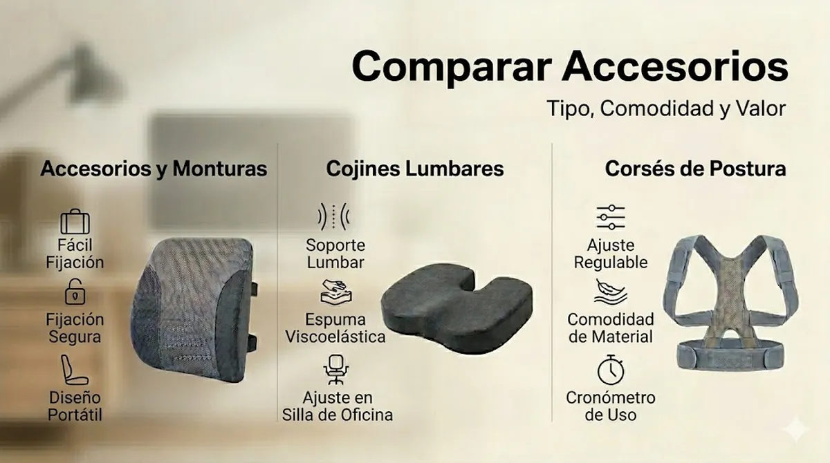 Comparativa de accesorios de soporte postural por tipo, comodidad y valor