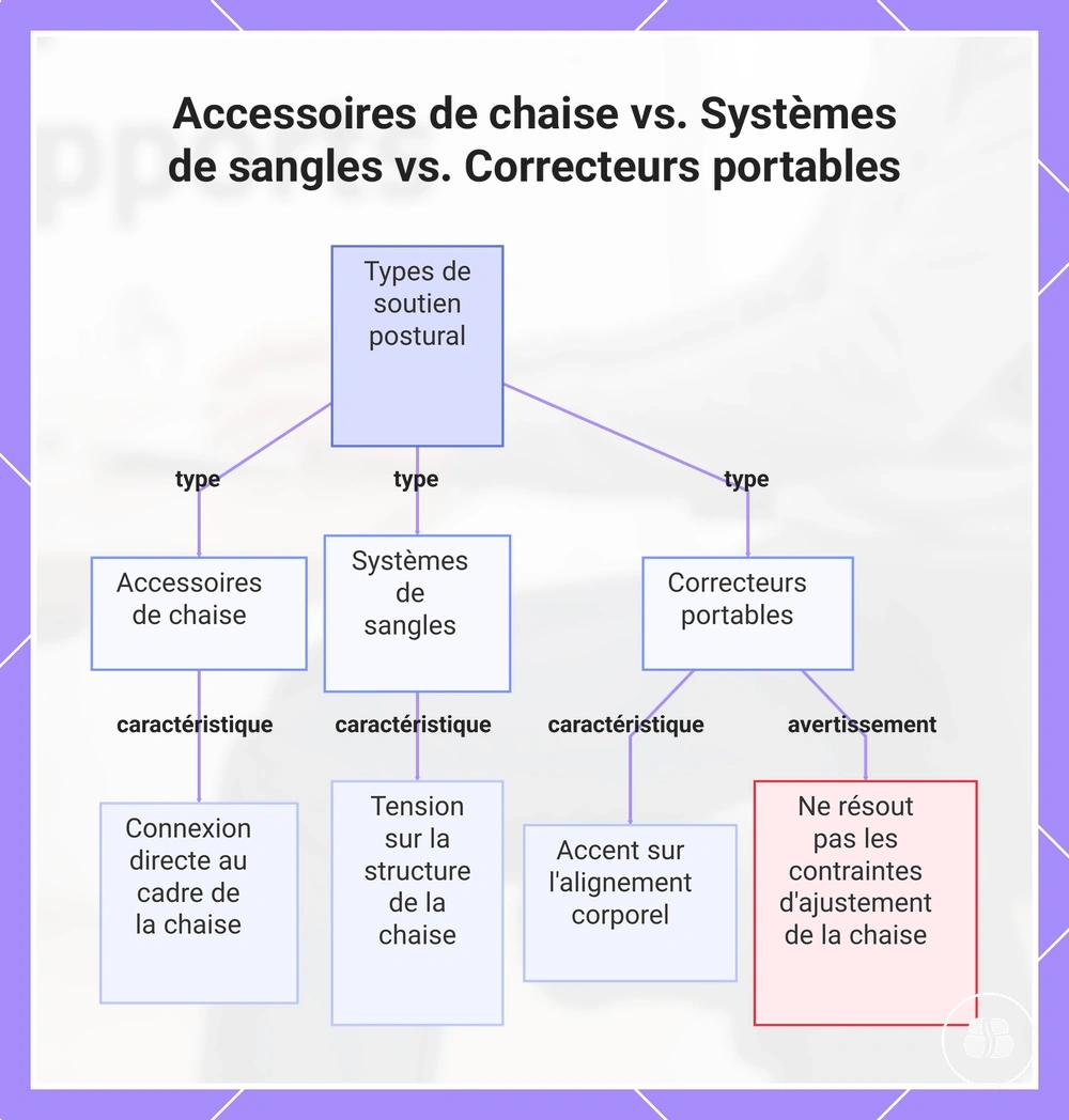 Accessoires de chaise vs. Systèmes de sangles vs. Correcteurs portables