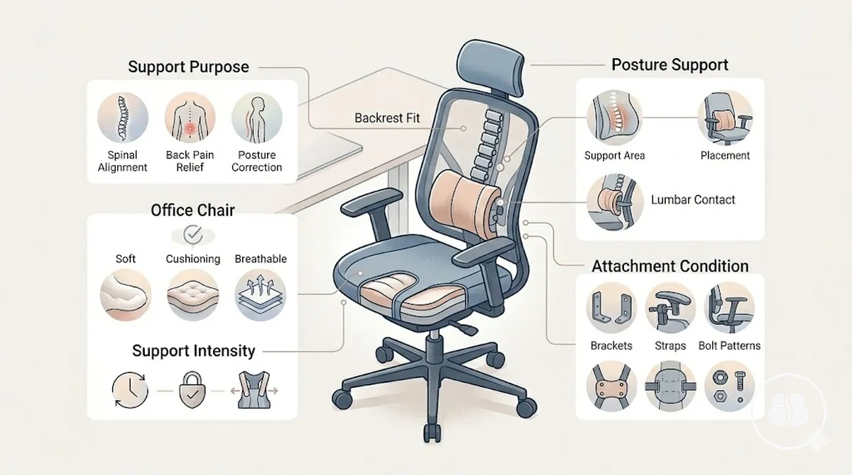 Chaise de bureau avec accessoires de soutien postural montrant l alignement du dossier et du contact lombaire dans un environnement de bureau