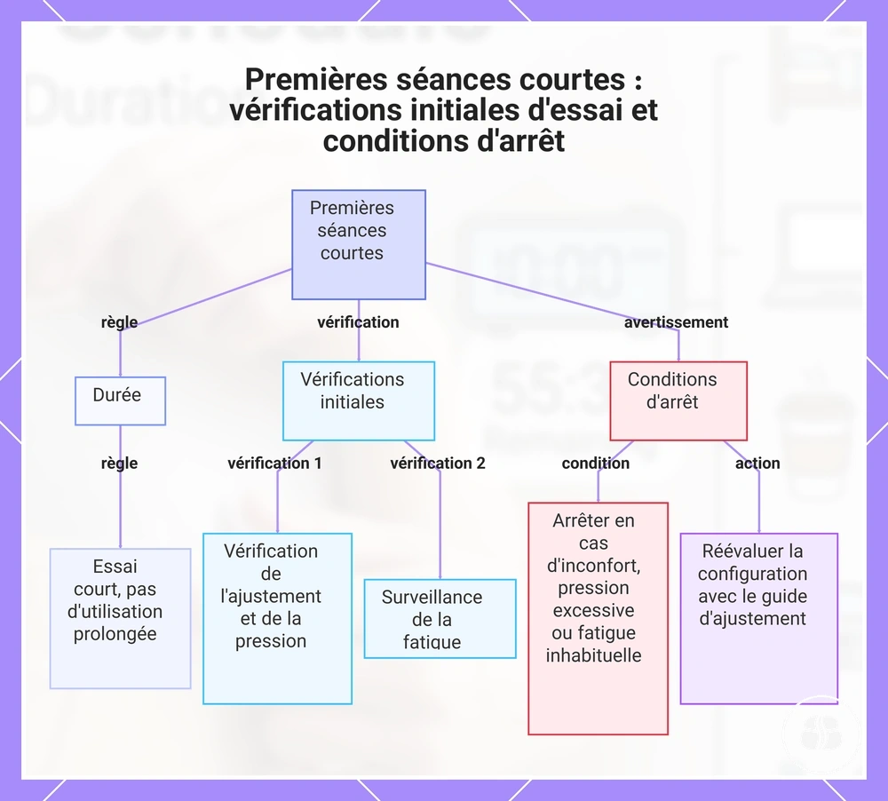 Premières séances courtes : vérifications initiales d'essai et conditions d'arrêt