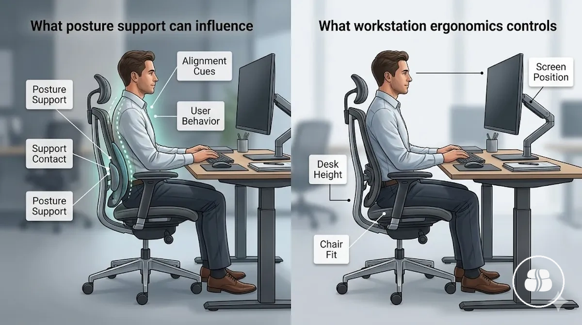 Schéma montrant ce que le soutien postural peut et ne peut pas corriger dans l ergonomie du poste de travail dans un espace de travail de bureau