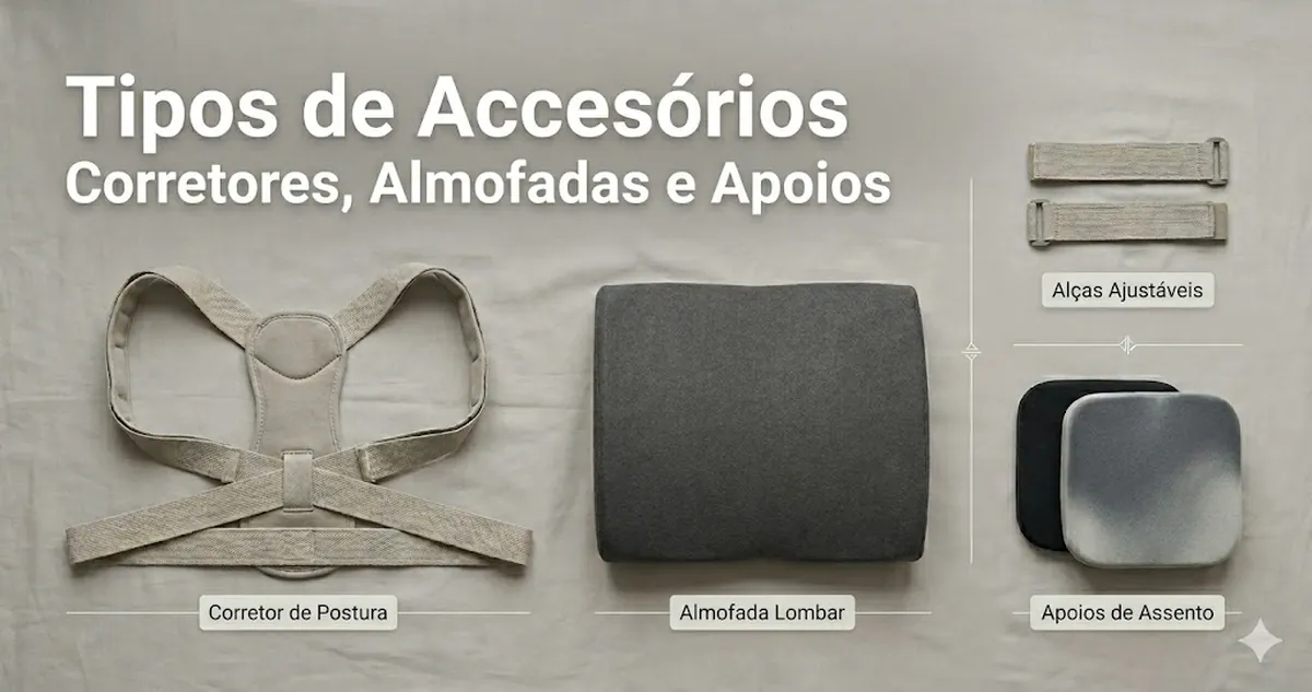 Tipos de acessórios de suporte postural, como corretores, almofadas e apoios